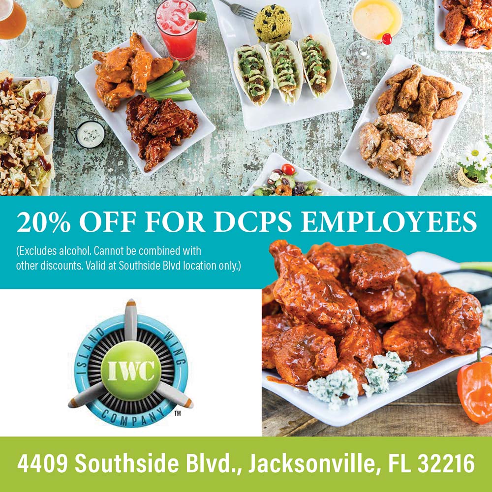 Island Wing Company - 20% OFF FOR DCPS EMPLOYEES<br>(Excludes alcohol. Cannot be combined with other discounts. Valid at Southside Blvd location only.)<br>4409 Southside Blvd., Jacksonville, FL 32216