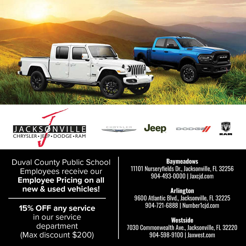 Jacksonville Chrysler Jeep Dodge Ram - Duval County Public School
Employees receive our Employee Pricing on all new & used vehicles!
15% OFF any service in our service department
(Max discount $200)<br>Baymeadows
11101 Nurseryfields Dr., Jacksonville, FL 32256
904-493-0000 | Jaxcid.com
Arlington
9600 Atlantic Blvd., Jacksonville, FL 32225
904-721-6888 / Number1cid.com
Westside
7030 Commonwealth Ave., Jacksonville, FL 32220
904-598-9100 | Jaxwest.com